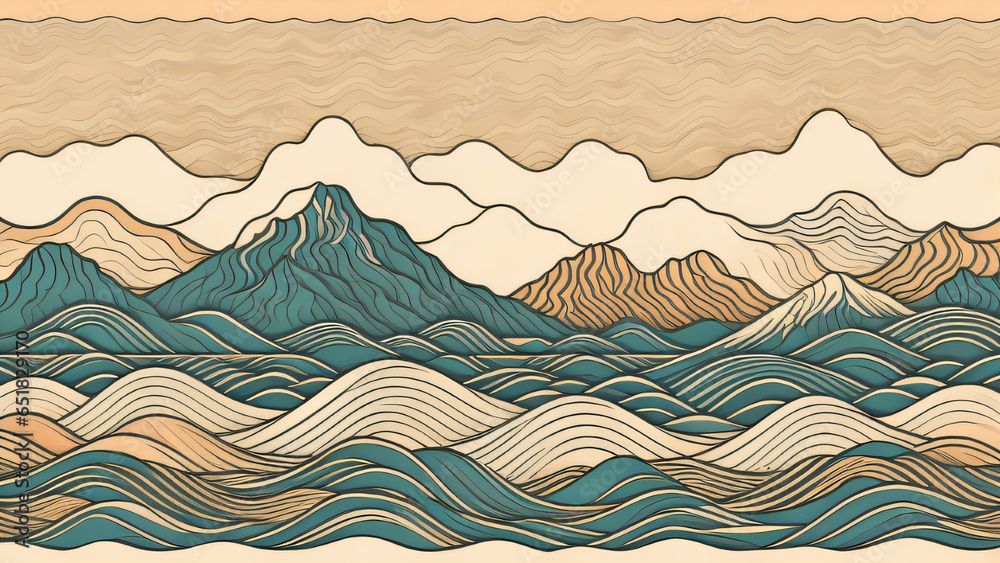 Japanese background with line wave pattern illustration . Abstract art banner with geometric pattern. Mountain and ocean object in oriental style. AI Generate Japanese background with line wave pattern illustration . Abstract art banner with geometric pattern. Mountain and ocean object in oriental style. AI Generate