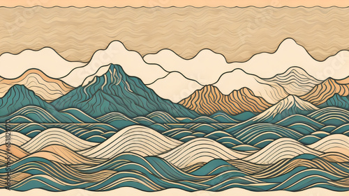 Japanese background with line wave pattern illustration . Abstract art banner with geometric pattern. Mountain and ocean object in oriental style. AI Generate © Shubby Studio