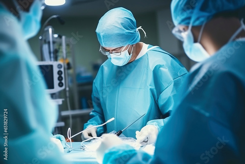 Photo of surgeons performing a complex surgery in a modern operating room. A group of surgeons performing surgery on a patient.