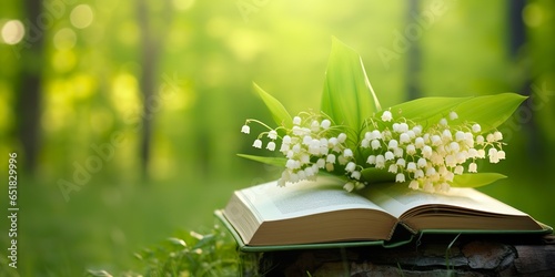 Lily of the Valley flowers and old books in the forest, green natural background.