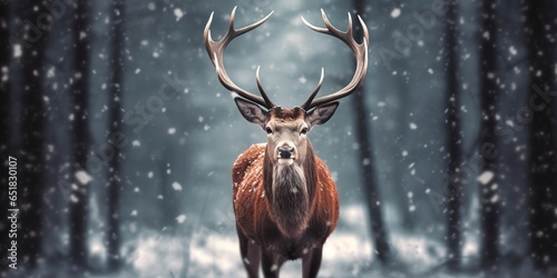 Noble deer male in the winter snow forest. Artistic winter Christmas landscape. © MKhalid