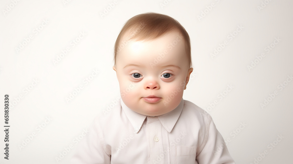 Portrait of adorable baby with down syndrome isolated on a white background. Generative AI.