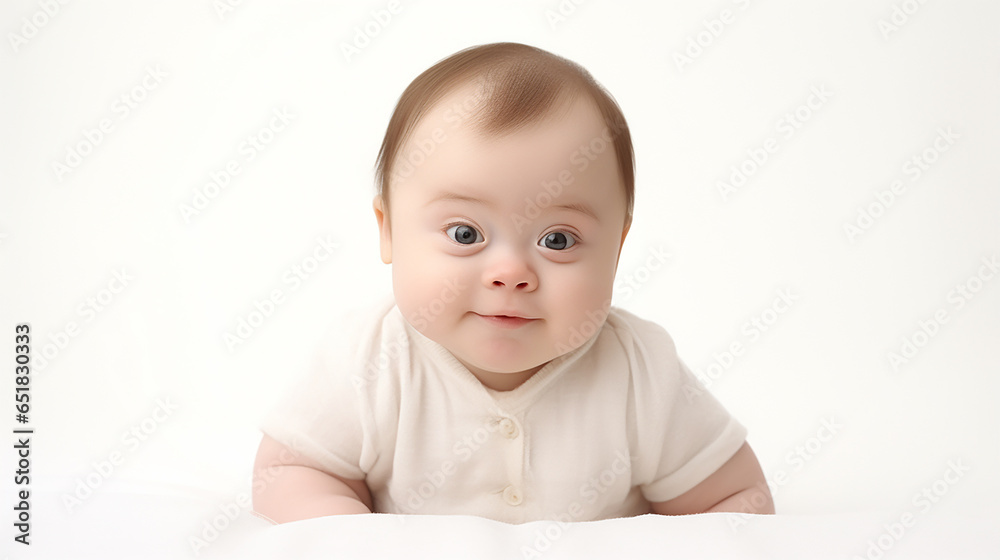 Portrait of adorable baby with down syndrome isolated on a white background. Generative AI. Portrait of adorable baby with down syndrome isolated on a white background. Generative AI.