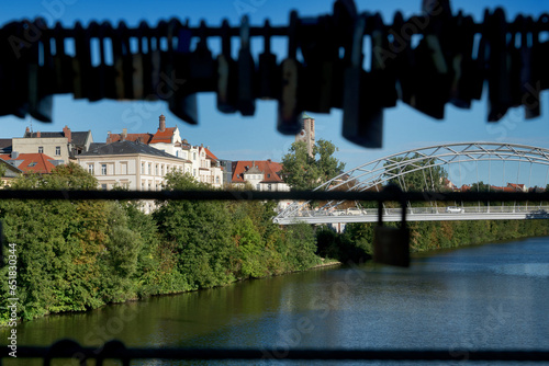 Bamberg, Germany, September 20th 2023: love locks at a bridge over Regnitz river. 