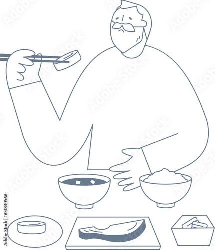 An elderly man eating Japanese food. He is lethargic and reluctant to eat.