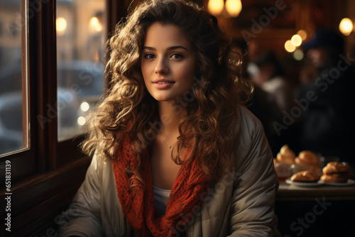 portrait of beautiful woman in red hat in cafe © Наталья Добровольска