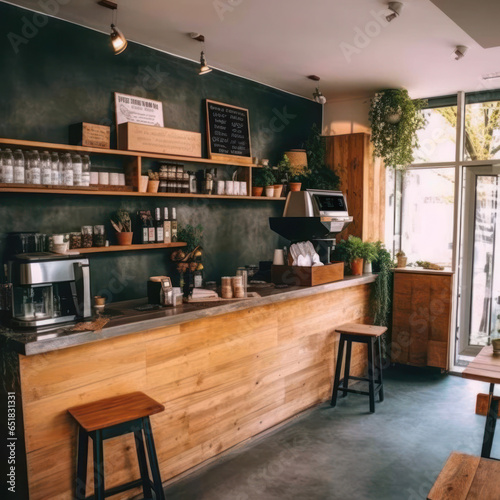  A natural coffee shop with green walls wood accents 