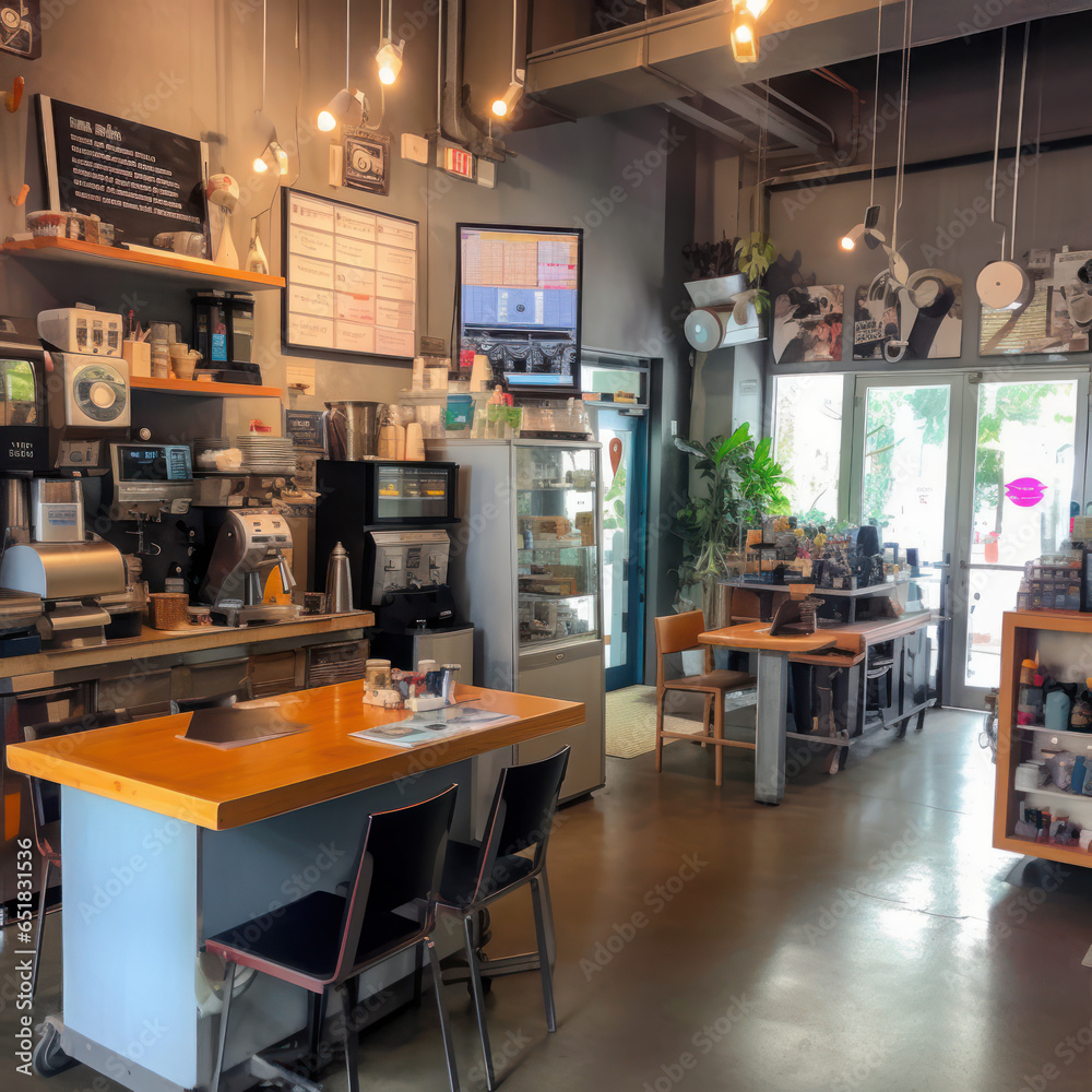 A geeky coffee shop with gray walls gadgets
A geeky coffee shop with gray walls gadgets