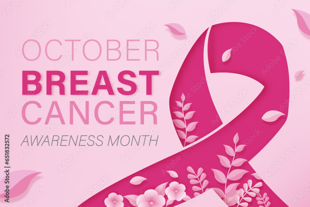 Woman breast cancer awareness month background with pink ribbon symbol decoration - obrazy, fototapety, plakaty 
