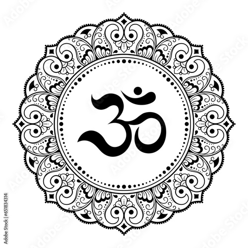 Circular pattern in form of mandala for with flower Henna, Mehndi, tattoo, decoration. Decorative ornament in oriental style with ancient Hindu mantra OM. Outline doodle vector illustration.