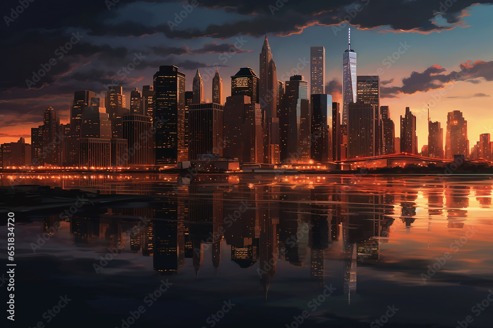 Fototapeta premium Ai Generated A cityscape at twilight with buildings and reflection