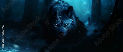 Wolf with Blue Eyes in Dark Forest, Generative AI
