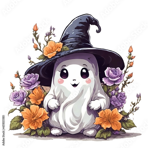 Cute ghost wearing witch hat surrounded by flowers, Happy Halloween, Generative AI