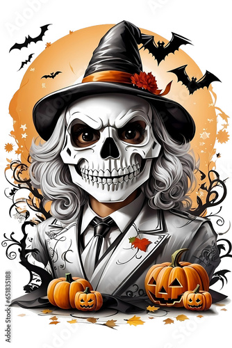 Scarecrow with witch hat surrounded by pumpkins and bats, Happy Halloween, Generative AI