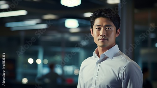Korean businessman on blurred background. Generative AI