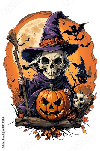 Scarecrow with witch hat surrounded by pumpkins and bats, Happy Halloween, Generative AI