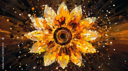 An abstract pixelated flower resembling a sunflower, with a central disk formed by clusters of pixelated dots in shades of yellow and orange. photo