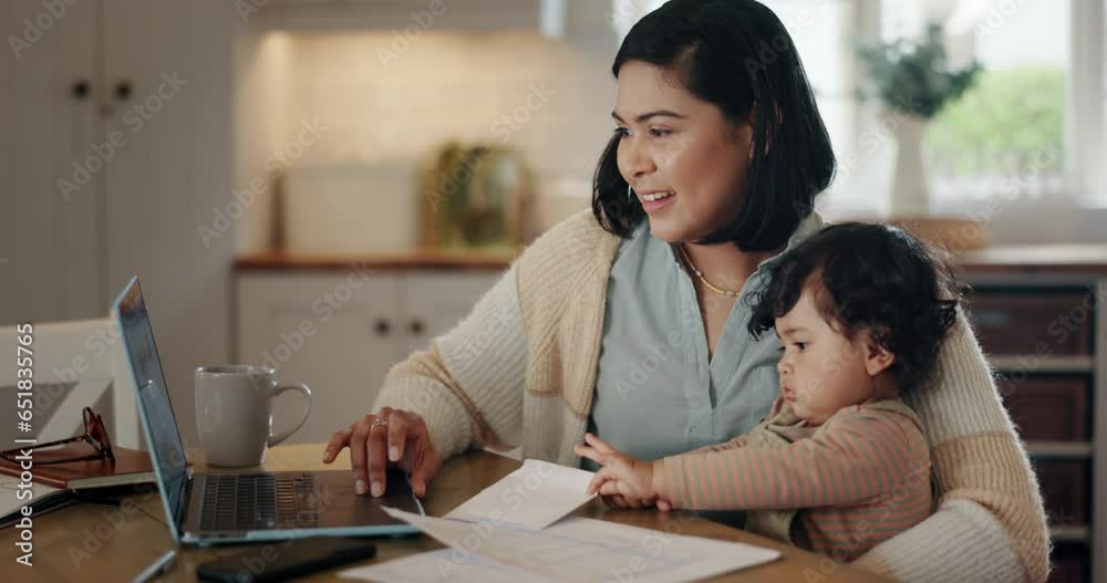 Mother, laptop and baby at desk with smile in home for remote work deadline or multitask worker. Mom, child care and life balance for career or productivity as employee, parenting or communication