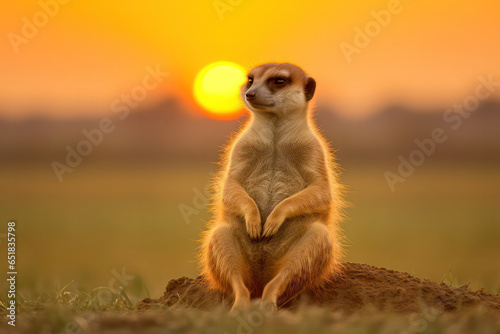 A meerkat perched on a rocky outcrop, gazing into the distance, as if contemplating the vastness of the savannah, its silhouette against the sunset sky conveying a sense of freedom and adventure in th photo
