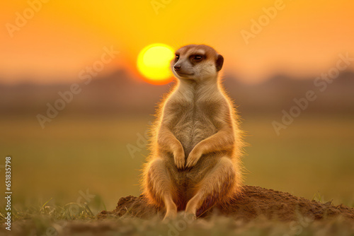A meerkat perched on a rocky outcrop, gazing into the distance, as if contemplating the vastness of the savannah, its silhouette against the sunset sky conveying a sense of freedom and adventure in th
