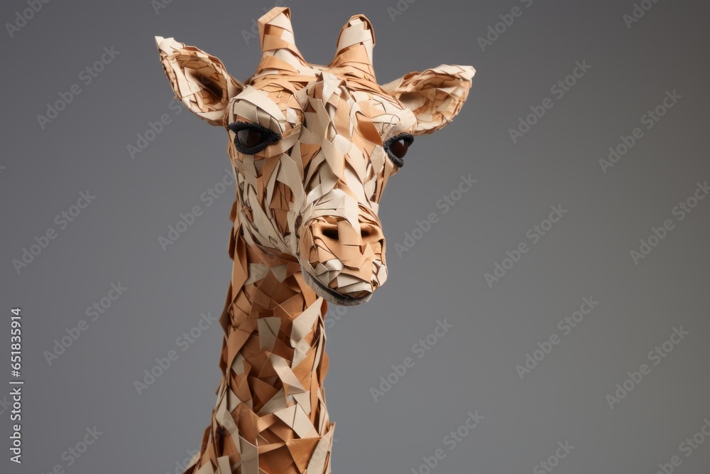 Naklejka premium A paper sculpture of a friendly giraffe, its long neck and distinctive spots recreated with folded newsprint
