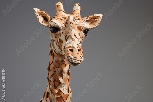 A paper sculpture of a friendly giraffe, its long neck and distinctive spots recreated with folded newsprint