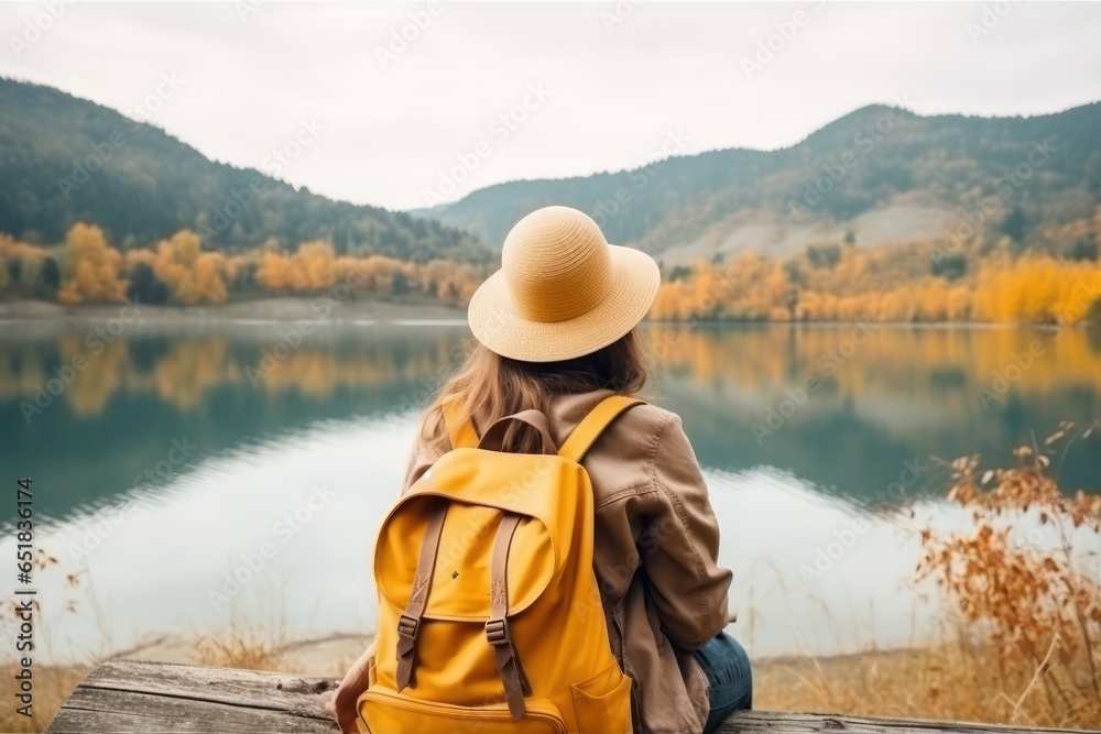 Meditation and solitude with your thoughts. Peace and slow life. Back view of a young woman looking on the lake in an autumn national park and enjoys the beauty of nature alone.