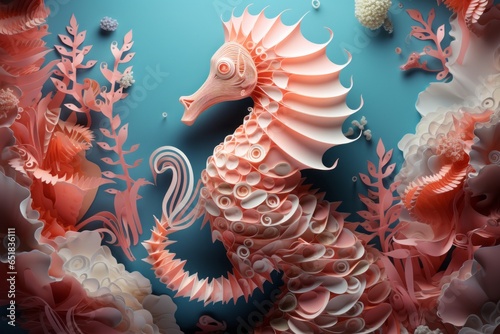 A pastel-coral paper seahorse with intricate details, resembling a creature from a fantastical underwater world.