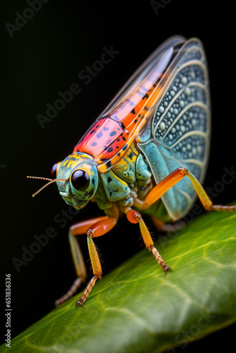 A Leafhopper displaying vibrant patterns on its wings and body, well-adapted to jumping from leaf to leaf.