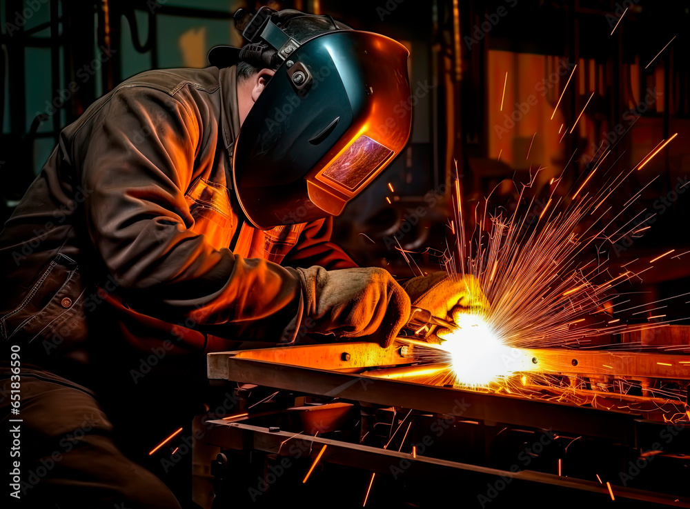 Welder wearing a face mask, busy with welding together metal structure with sparks flying around. Concept of industrial workers and construction professions. Shallow field of view. Welder wearing a face mask, busy with welding together metal structure with sparks flying around. Concept of industrial workers and construction professions. Shallow field of view.