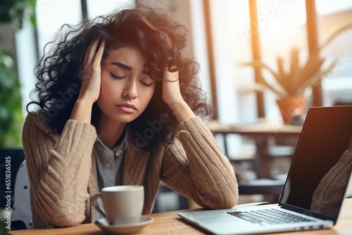 Young student frustrated over her laptop, having difficulty concentrating on her homework.