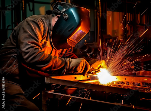 Welder wearing a face mask, busy with welding together metal structure with sparks flying around. Concept of industrial workers and construction professions. Shallow field of view.