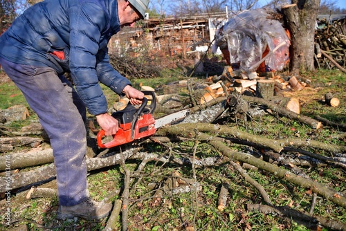 Obraz na płótnie A gardener saws branches in an orchard in autumn with a chainsaw w salonie