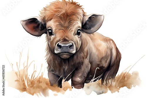 A beautiful watercolor painting capturing the innocence of a baby buffalo created with Generative AI technology