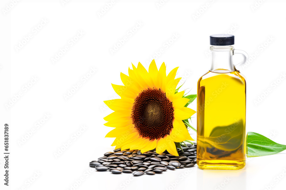 Organic sunflower oil. Glass bottle with natural sunflower oil and sunflower flower with black seeds on white background. Healthy food. Harvest and oil production. Copy space Organic sunflower oil. Glass bottle with natural sunflower oil and sunflower flower with black seeds on white background. Healthy food. Harvest and oil production. Copy space