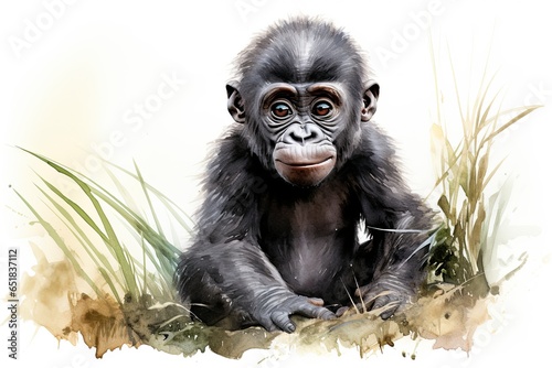A beautiful watercolor painting capturing the innocence and charm of a baby gorilla created with Generative AI technology photo