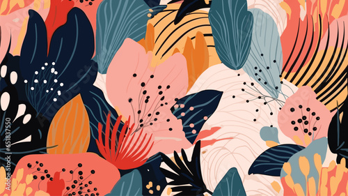 Modern abstract exotic floral pattern. Collage trendy seamless pattern. Hand drawn cartoon style illustration