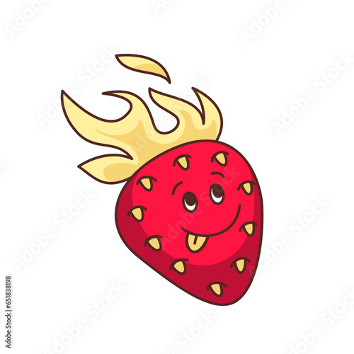 Groovy strawberry character vector illustration. Cartoon isolated psychedelic retro sticker with funky kawaii fruit emoji, red berry with funny comic face and fire, cute happy strawberry emoticon
