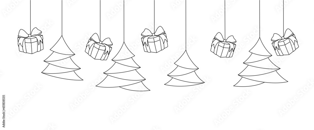 gifts and hanging pine, line art style. christmas vector elements gifts and hanging pine, line art style. christmas vector elements