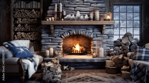 Winter Wonderland A room that feels like a cozy cabin in the winter woods  featuring plaid upholstery  a stone fireplace  and a rustic wooden coffee table 