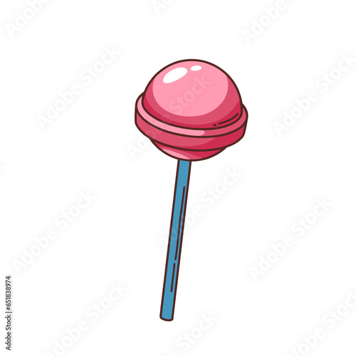 Groovy candy lollipop on stick vector illustration. Cartoon isolated retro round pink lollypop sticker, cute strawberry sweet lolipop to lick in summer, psychedelic sugar candy for happy kids