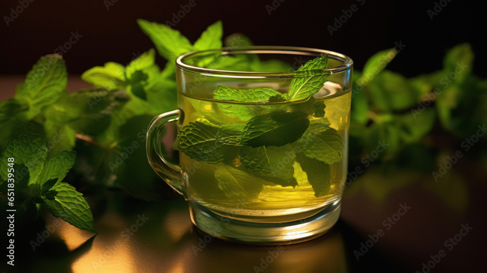 Fresh green tea with mint leaf