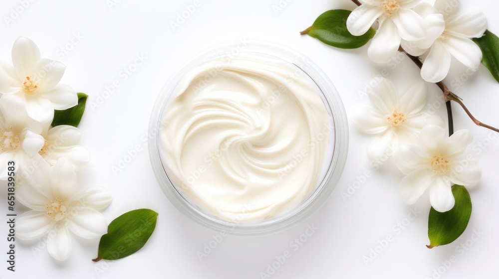 round cosmetic natural cream open jar with green leaves on white background top view with copy space round cosmetic natural cream open jar with green leaves on white background top view with copy space