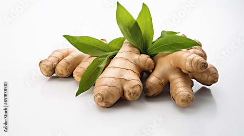 Fresh Ginger with green leaf on white background.