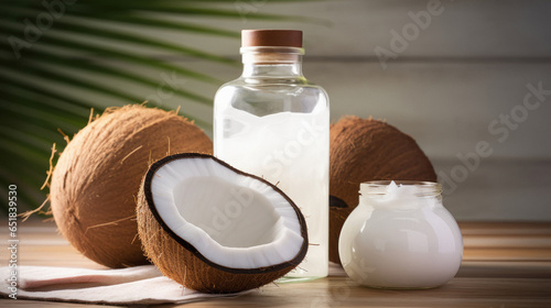 Fresh Coconut oil in glass bottle and coconut fruit