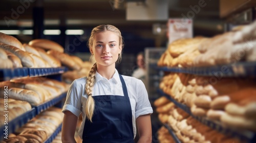 young bakery employee woman standing against the backdrop of a bakery shop filled with shelves of fresh bread