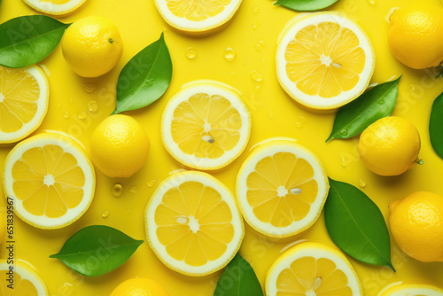 Fresh and juicy lemon slices on yellow background.