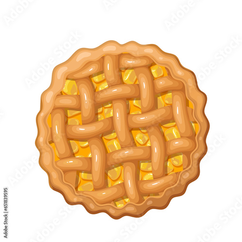 Apple pie, top view vector illustration. Cartoon isolated round whole baked tart with apple slice filling and lattice of shortbread pastry, delicious pie and traditional dessert for autumn holidays