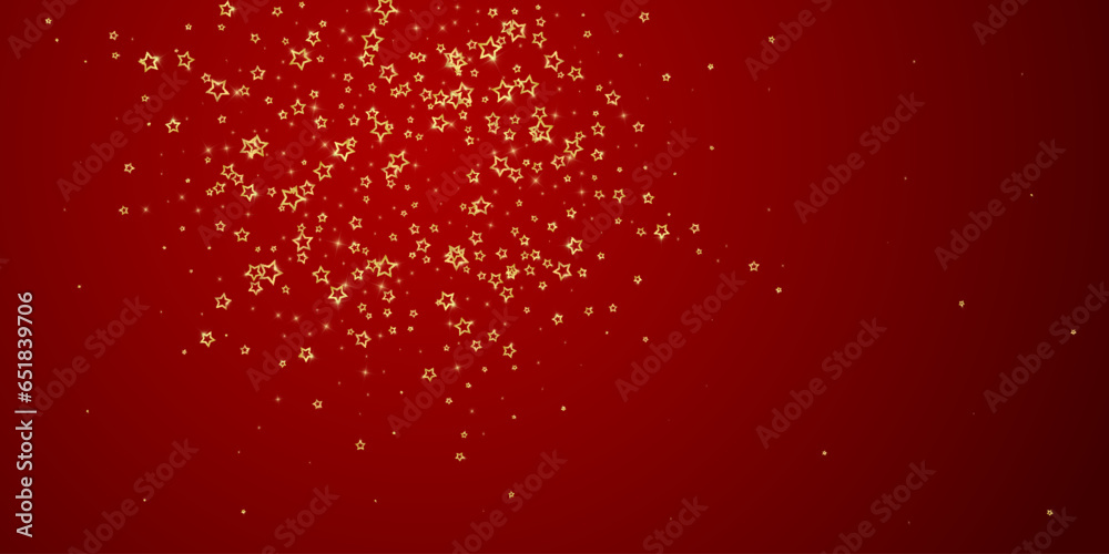 Twinkle stars scattered around randomly, flying, falling down, floating.  Christmas celebration concept. Festive stars vector illustration on red background.