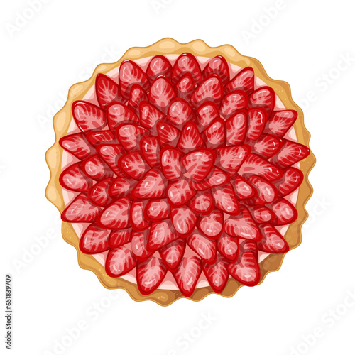 Strawberry pie, top view vector illustration. Cartoon isolated whole round shortcrust pastry tart with fresh strawberry slices layer, glaze and custard, delicious berry cake for summer dessert